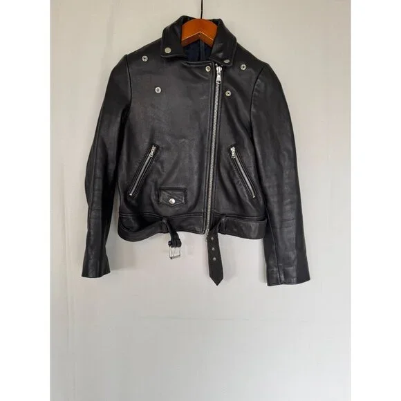 Topshop Black Genuine Leather Silver Hardware Relaxed Oversize Moto Jacket Sz 4
